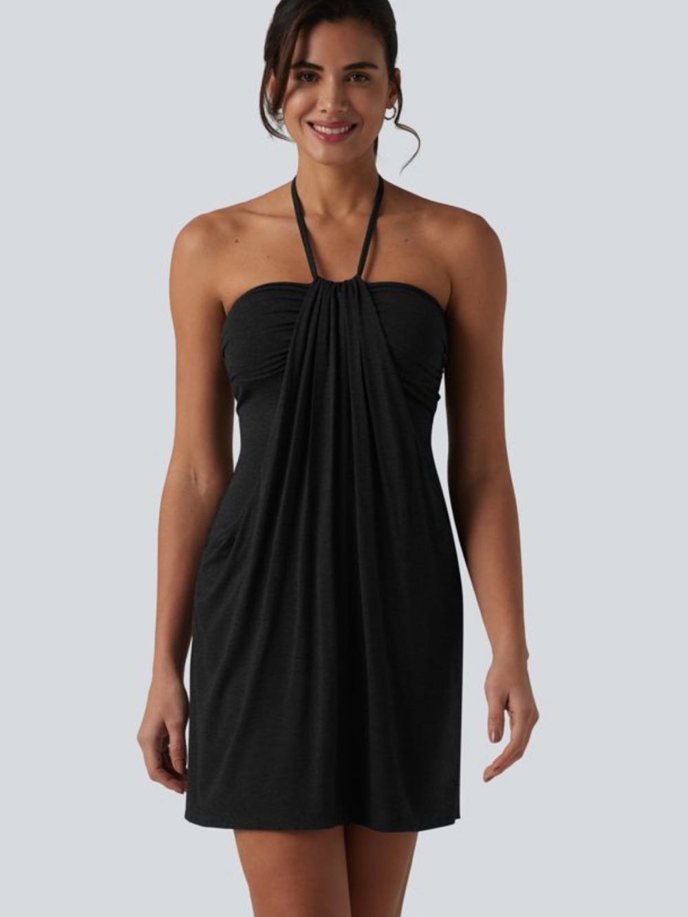 HALARA Halter Tie Back Mini Resort Dress with Pockets size Medium black NEW